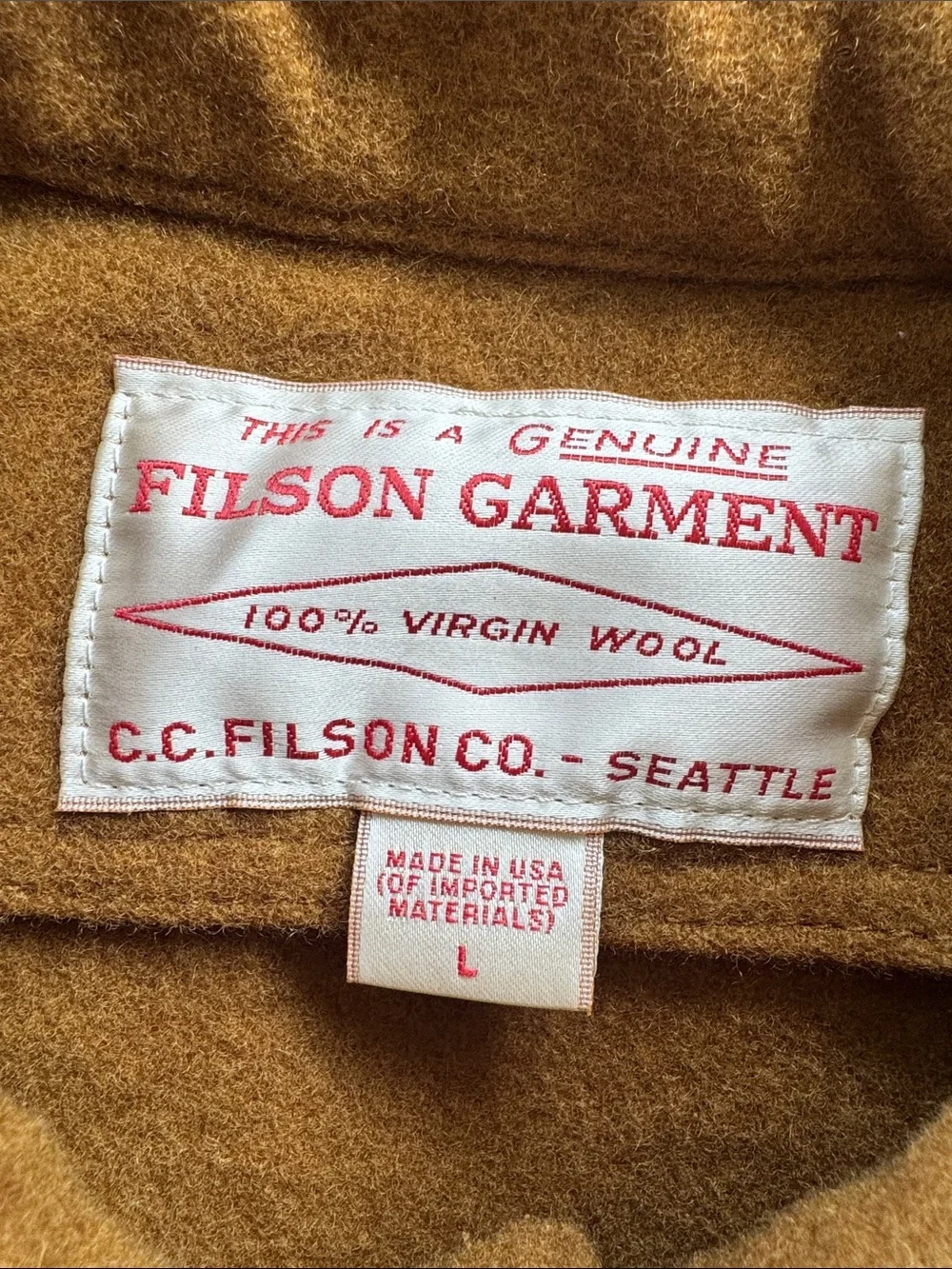 C.C. Filson Co Seattle men’s dark tan virgin wool Jac-shirt size large